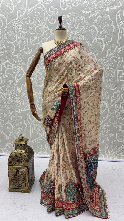 Elegant Ivory Detailing Work Saree with Traditional Embroidered Border