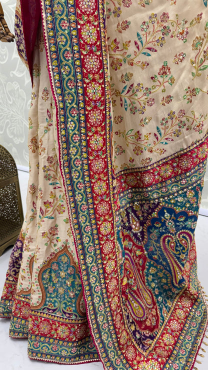 Elegant Ivory Detailing Work Saree with Traditional Embroidered Border