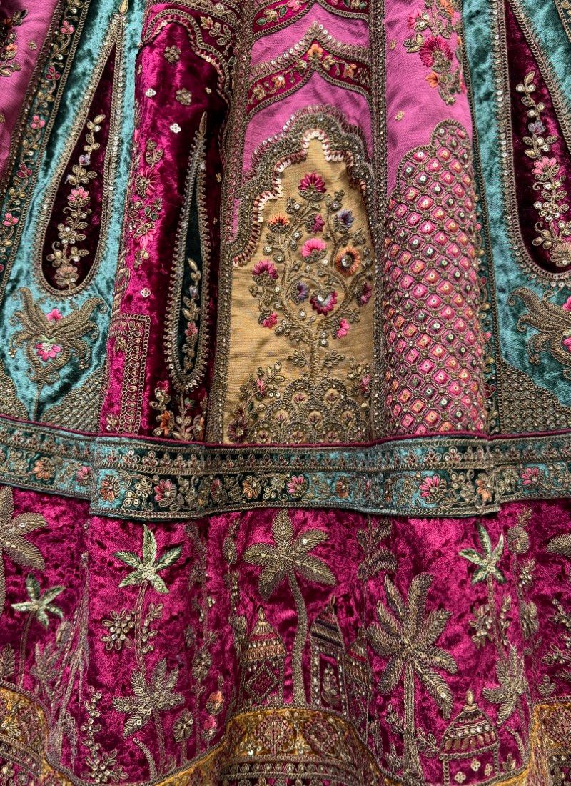 Exquisite Patch work With Designer Bridal Lehenga choli In Raspberry