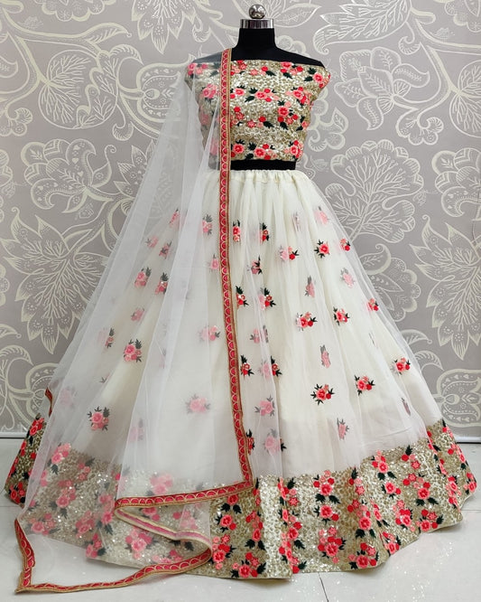 Revealing Thread Embroidery and Sequence Touch Designer Lehengacholi In White