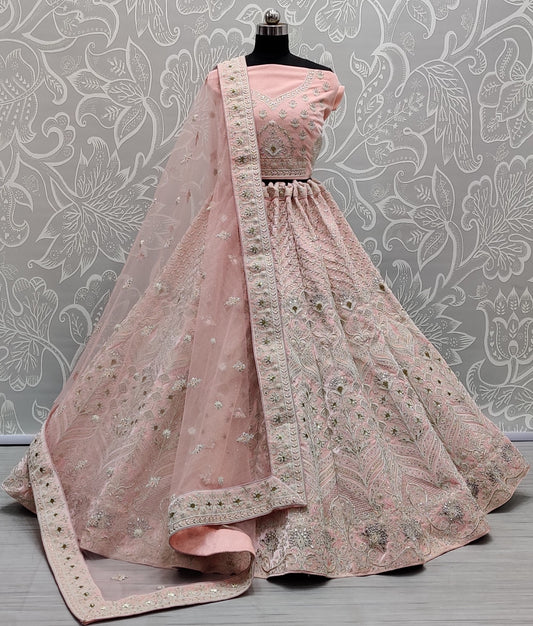 Hand crafted mirror and designer art of work light color range bridal PInk Lehengacholi