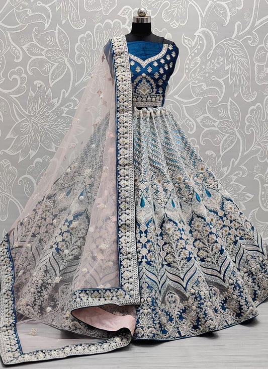 Hand crafted mirror and designer art of work light color range bridal Paddedd Blue Lehengacholi
