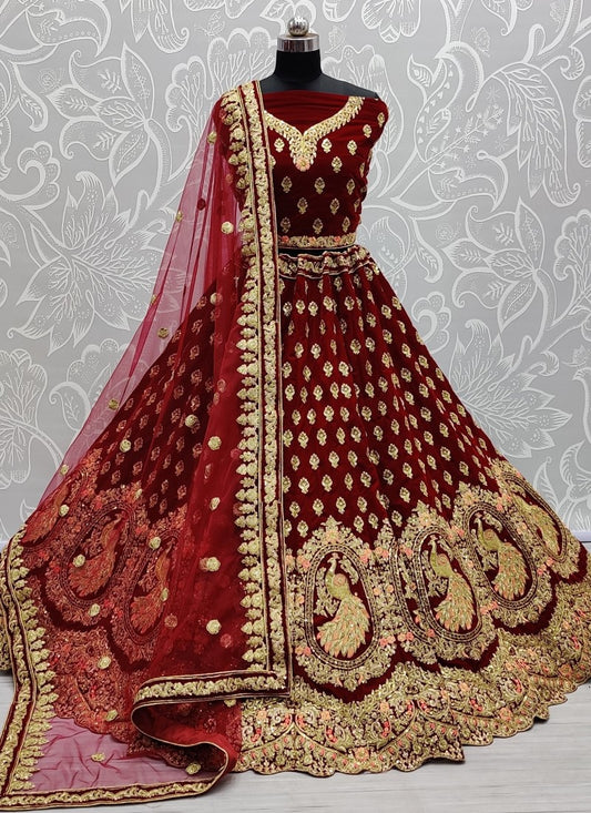 Peacock Embroidered very well designed flared Bridal Red Lehengacholi