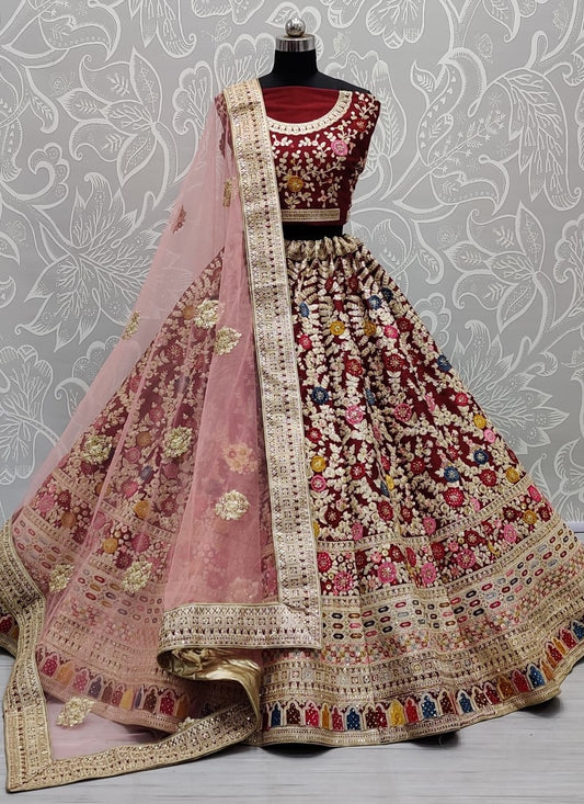 Flower patch work and beautiful threat matching bridal Marron lehenga choli