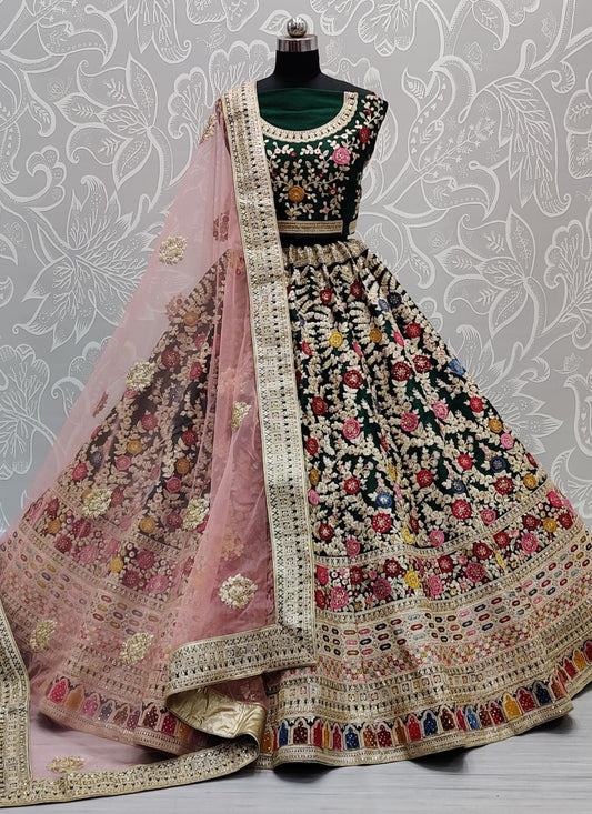 Flower patch work and beautiful threat matching bridal Green lehenga choli