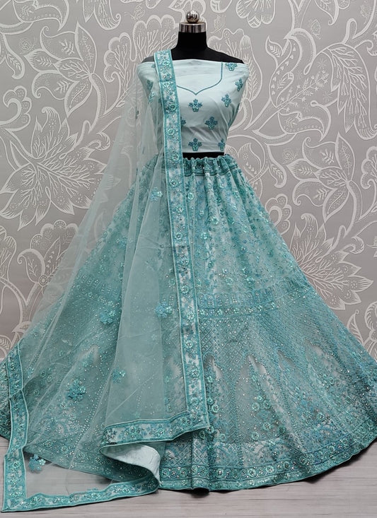 Multi thread and Dori embroidery net Sky Blue Lehengacholi