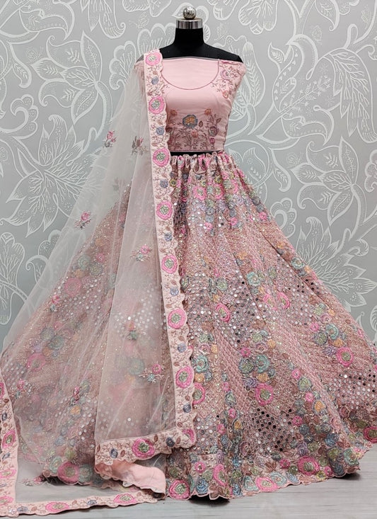 Real mirror and Multi sequins work Bollywood Style Pink Lehengacholi
