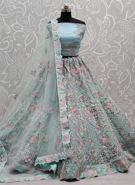 Real mirror and Multi sequins work Bollywood Style Sea Blue Lehengacholi