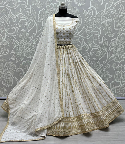 Smoothest blooming Georgette effect-full embroidered Flared wedding White Lehengacholi