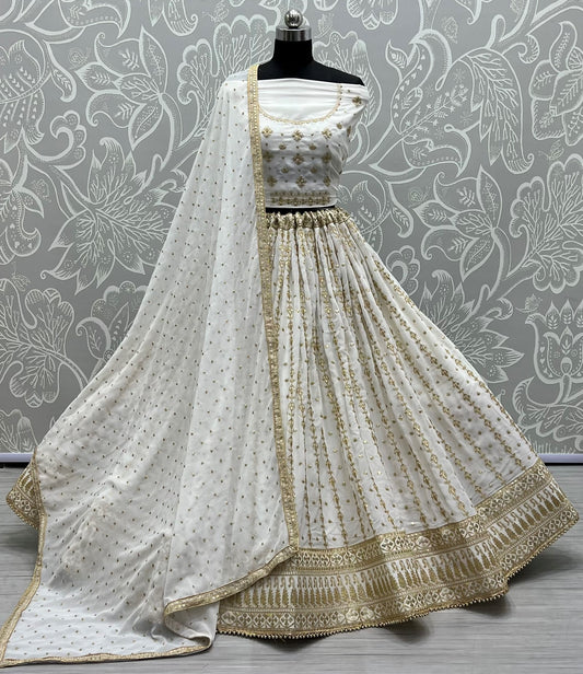 Smoothest blooming Georgette effect-full embroidered Flared wedding White Lehengacholi