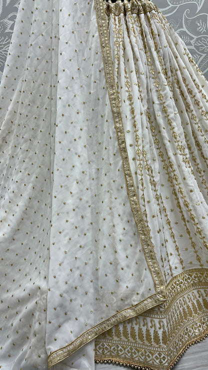 Smoothest blooming Georgette effect-full embroidered Flared wedding White Lehengacholi