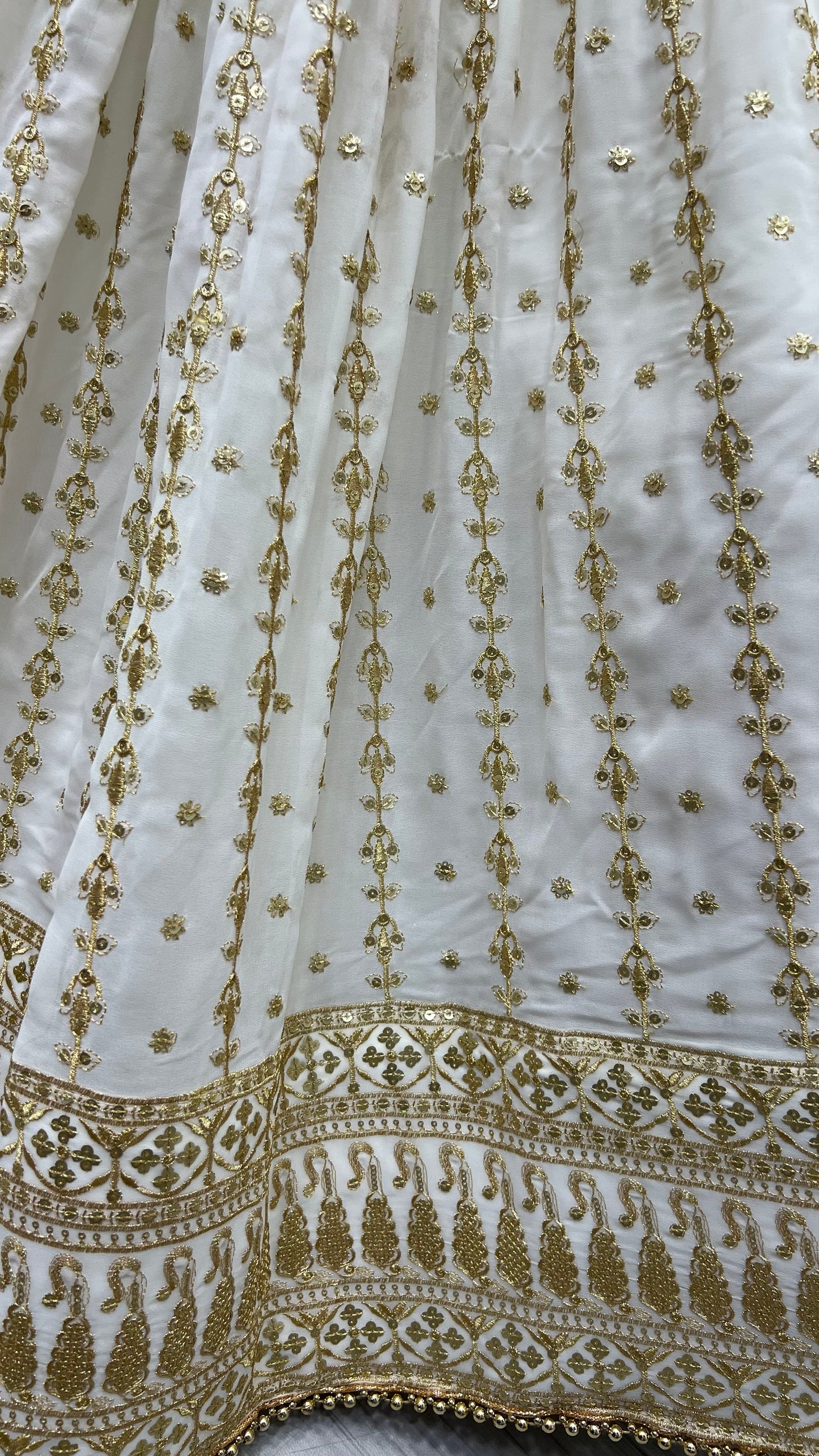 Smoothest blooming Georgette effect-full embroidered Flared wedding White Lehengacholi