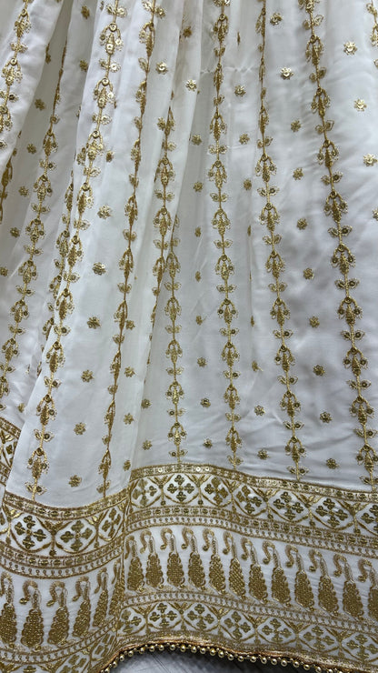 Smoothest blooming Georgette effect-full embroidered Flared wedding White Lehengacholi