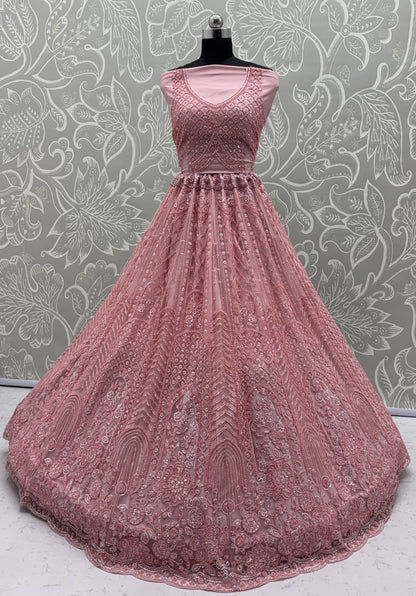 Blush Pink Net Party Wear Lehenga Choli with Crystal Motifs & Sequins Work