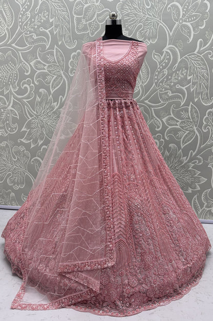 Blush Pink Net Party Wear Lehenga Choli with Crystal Motifs & Sequins Work