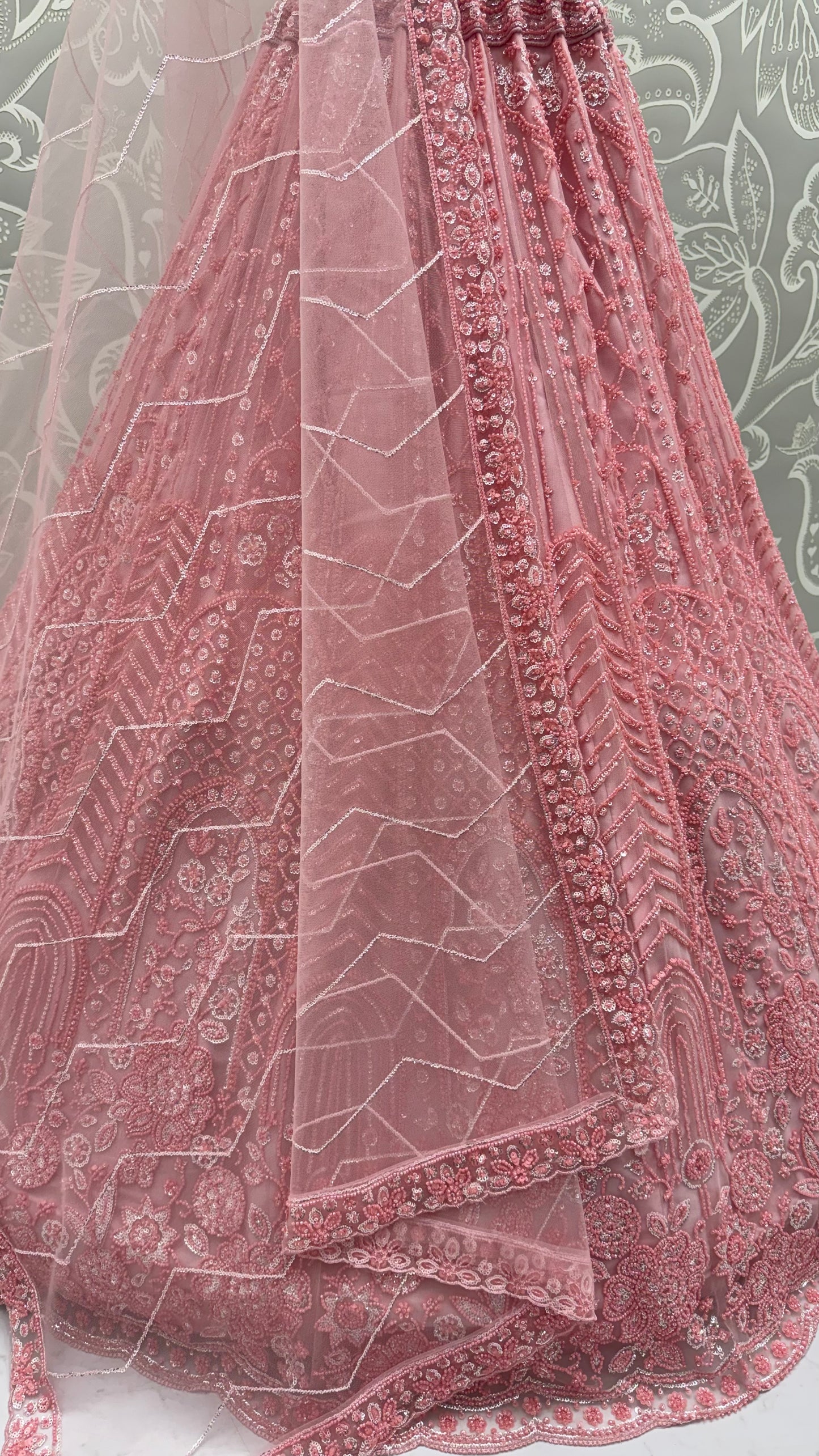 Blush Pink Net Party Wear Lehenga Choli with Crystal Motifs & Sequins Work