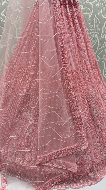 Blush Pink Net Party Wear Lehenga Choli with Crystal Motifs & Sequins Work