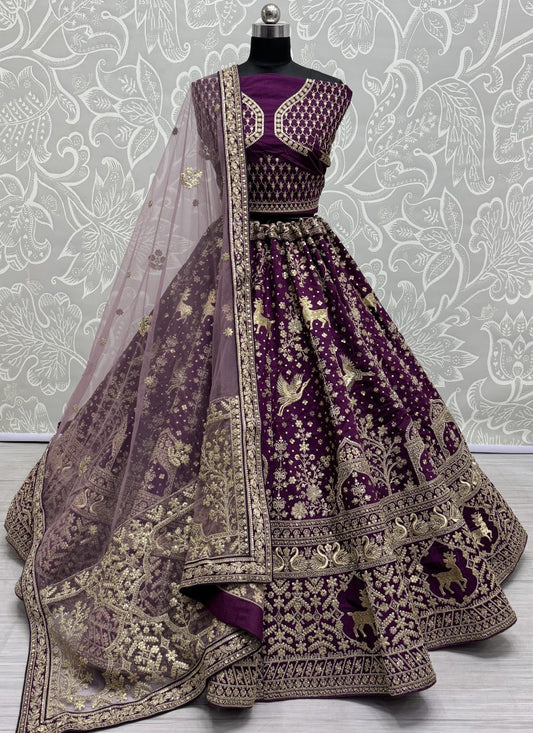 Various embroidery pattern crafted in heavy silk fabric Partywear Lehengacholi in Purple