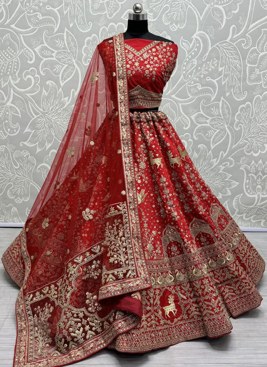 Various embroidery pattern crafted in heavy silk fabric Partywear Lehengacholi in Red Colour