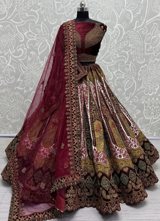 Double dupatta and heavy velvet patchwork attached designer  bridal Lehengacholi in Cream colour