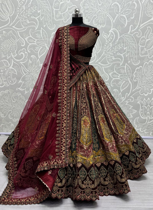 Double dupatta and heavy velvet patchwork attached designer bridal Lehengacholi in chicku colour