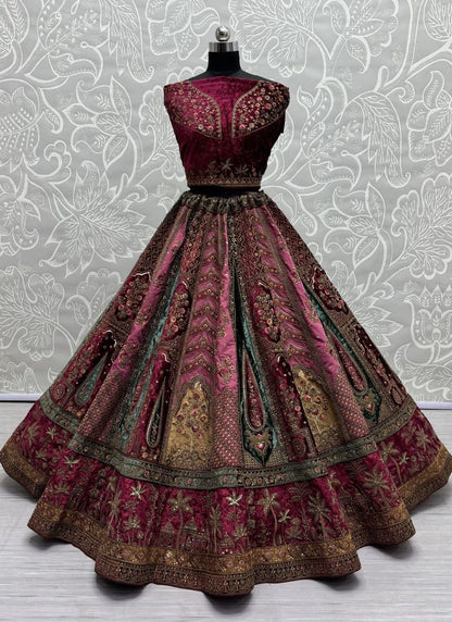 Exquisite Patch work With Designer Bridal Lehenga choli In Raspberry