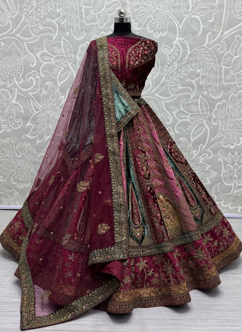 Exquisite Patch work With Designer Bridal Lehenga choli In Raspberry