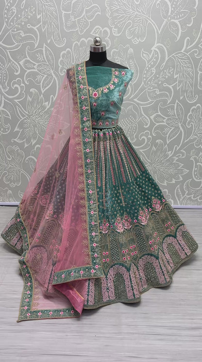 Pastel Color Velvet Embroidered Teal Lehenga choli