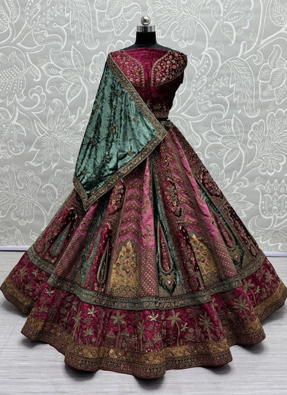 Exquisite Patch work With Designer Bridal Lehenga choli In Raspberry