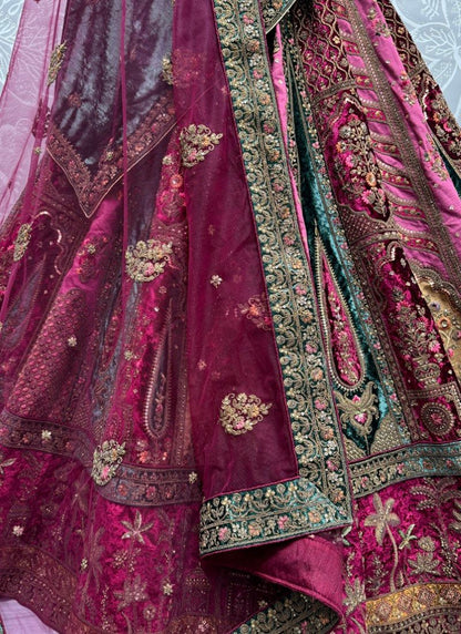 Exquisite Patch work With Designer Bridal Lehenga choli In Raspberry